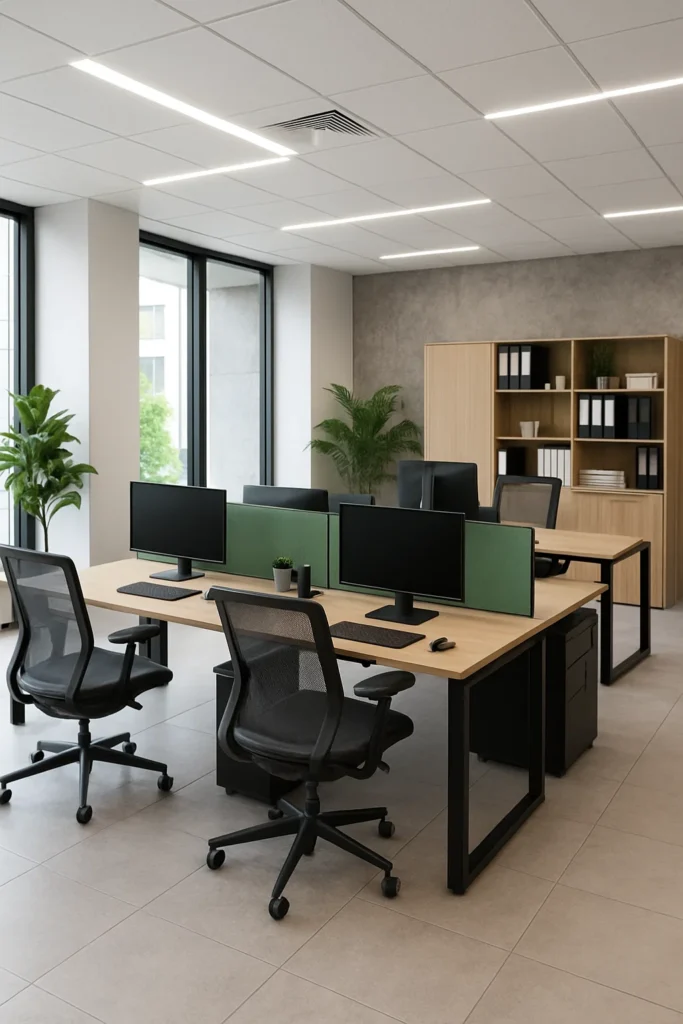 Lyst kontorlokale med skriveborde i træ, sorte kontorstole, grønne afskærmningspaneler, computerskærme, indendørs planter og reoler med mapper og dekoration.